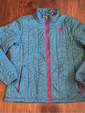 The North Face Teal Quilted Puffer Jacket with Pink Trim